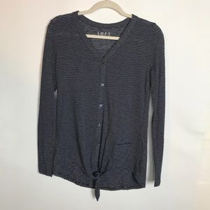 LOFT Women’s Navy White Stripe Button Down Casual Crew Neck Tie Waist Henley - S